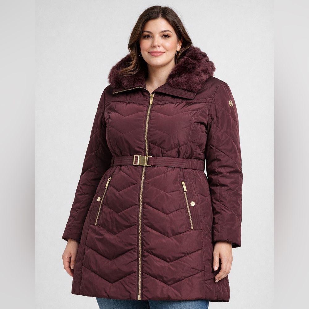 Michael Kors Women’s Belted Puffer Jacket w/ Faux Fur Collar - Size XL